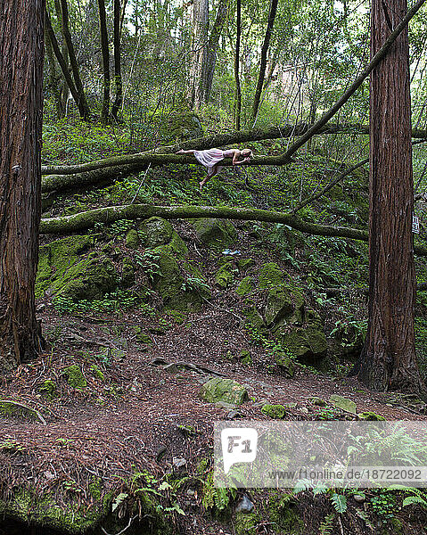 Woman laying on limb in forest