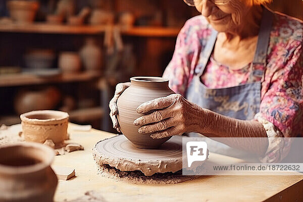 Old woman potter hands making ceramics. Generative AI.