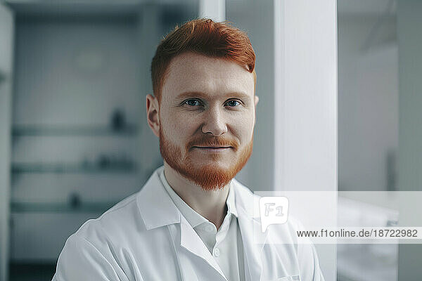 Young redhead male scientific in laboratory. Generative AI.
