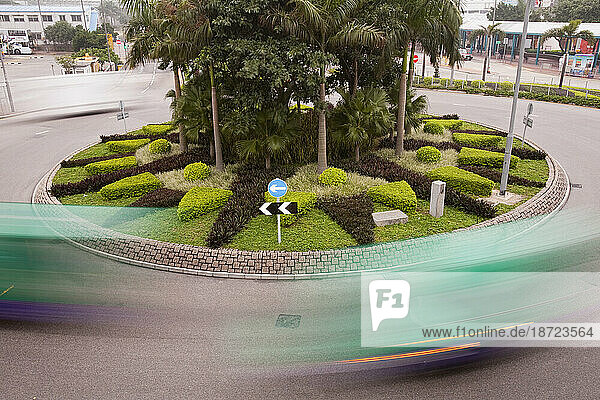 Bus going round a roundabout in Hong Kong  China.