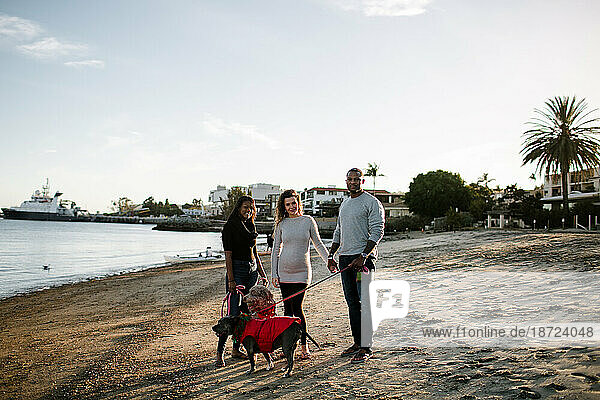 Blended family with dogs smiling at camera on beach at sunset
