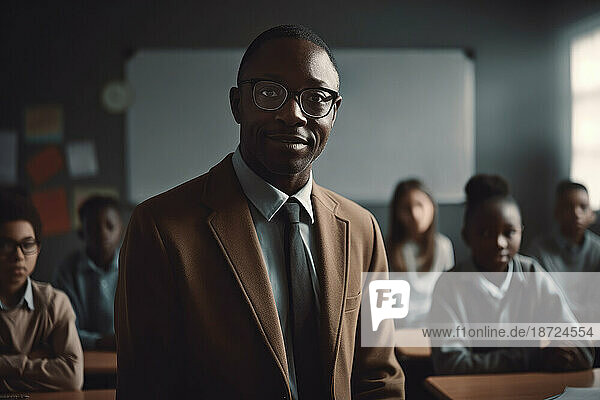 Portrait of african male teacher with his students. Generative AI.