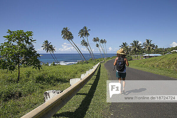 One tanned man  with black backpack  walking on coastline road  Samoa
