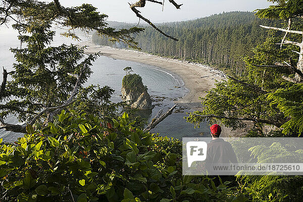 A young man looks out over the beach at Norwegian Memorial  Olympic National Park  Washington.