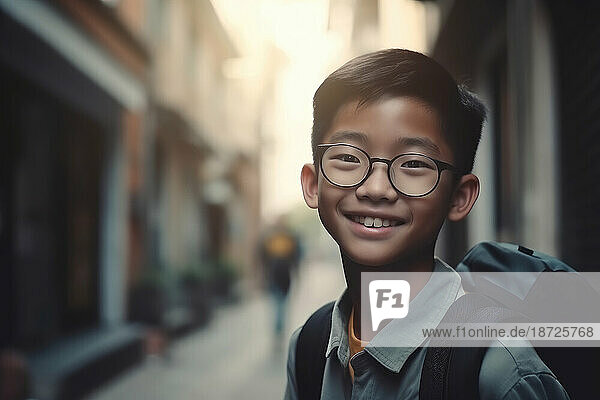 Happy asian elementary schoolboy  back to school. Generative AI.