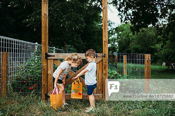 Young boy showing young girl vegetables he picked from home garden