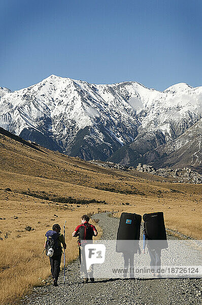 Rock climbers walk a farm road out to limestone boulders in the Castle Hill Basin  New Zealand.