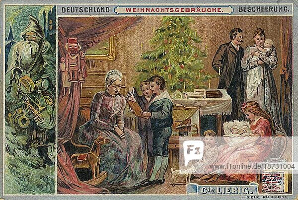 Liebig Bilderserie Weihnachtsbräuche  die Bescherung in Deutschland  digital restaurierte Reproduktion eines gemeinfreien Sammelbildes von ca 1900
