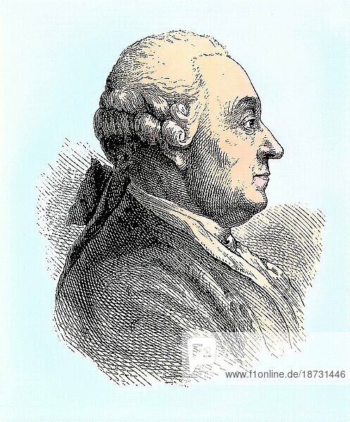 Johann Caspar Goethe  1710-1782  ein wohlhabender Jurist und Kaiserlicher Rat in Frankfurt am Main  Vater von Johann Wolfgang Goethe  historischer Stich  ca. 1869  Historisch  digital restaurierte Reproduktion von einer Vorlage aus dem 19. Jahrhundert  koloriert  genaues Datum unbekannt