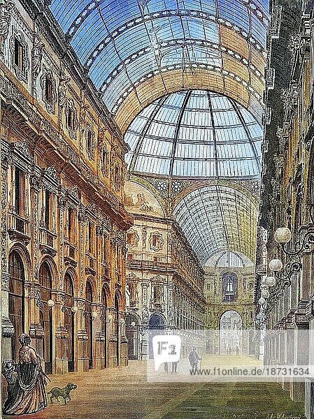 Die Victor Emanuel Galerie in Mailand  Italien  historischer Stich  1869  Historisch  digital restaurierte Reproduktion von einer Vorlage aus dem 19. Jahrhundert  koloriert  genaues Datum unbekannt  Europa