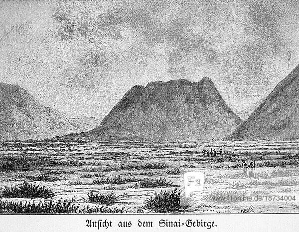 Ansicht aus dem Sinai Gebirge  Altes Testament  Bibel  Halbinsel  Ebene  Menschen  Gräser  historische Illustration 1890