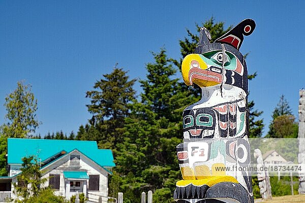 Artful carvings show First Nation carvings in the shape of an eagle  Alert Bay  Cormorant Island  Vancouver Island  National Park  Pacific  British Columbia  Canada  North America