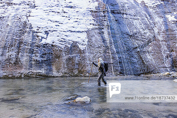 USA  Utah  Springdale  Zion National Park  Senior woman crossing river while hiking in mountains