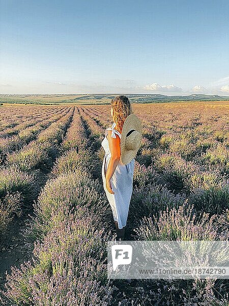 Rückansicht einer Frau in Kleid und weißem Hut  die inmitten eines Lavendelfeldes steht  sich entspannt und die malerische Aussicht genießt  mit grünen Hügeln im Hintergrund. Erholung Konzept