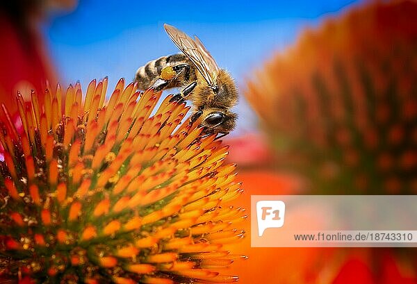 Makro einer Biene beim Nektarsammeln in einer Blüte (Echinacea)