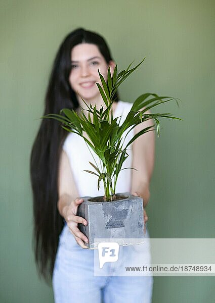 Junge fröhliche Frau in Freizeitkleidung steht mit zufriedenem Lächeln und hält Zement kubischen Blumentopf mit Zimmerpflanze vor ihr  selektiven Fokus  vertikale Aufnahme vorgrüne Wand Hintergrund