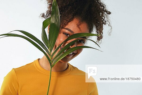Junge glückliche fröhliche afrikanische amerikanische Frau mit hoher Puff Frisur hält tropische Pflanze in der Nähe von Gesicht und lächelnd  entzückende schwarze Mädchen mit grünen Palmzweig vorhellem Hintergrund
