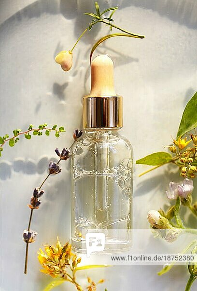 Draufsicht auf Glasflasche mit aromatischen ätherischen Ölen für Spa Sitzung in der Nähe von frischen Blumen auf weißem Hintergrund platziert