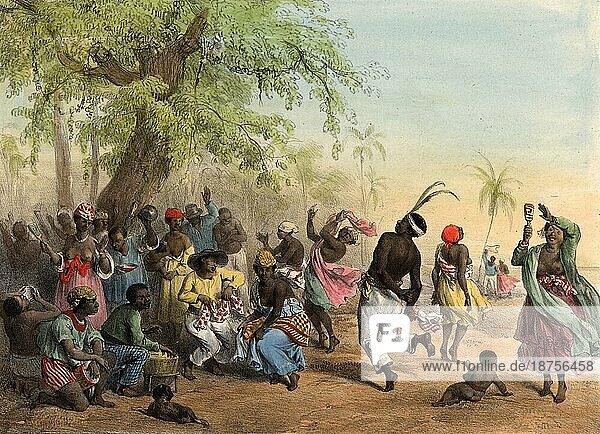 Eine Gruppe schwarzer Sklaven tanzt im Dou  enthält Musikinstrumente wie Maracas und Trommeln  1839  Suriname  Historisch  digital restaurierte Reproduktion von einer Vorlage aus dem 19. Jahrhundert  Südamerika