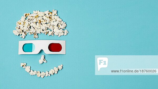 Smiley anthropomorphes Gesicht mit Popcorns 3d Brille Kino Zeit Text gemacht. Hohe Auflösung Foto