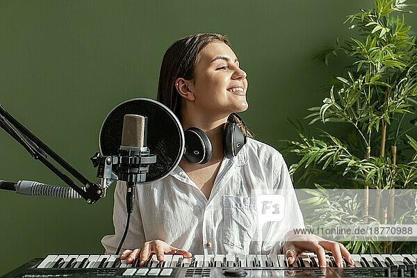 Vorderansicht smiley weibliche Musikerin spielt Klavier Tastatur drinnen