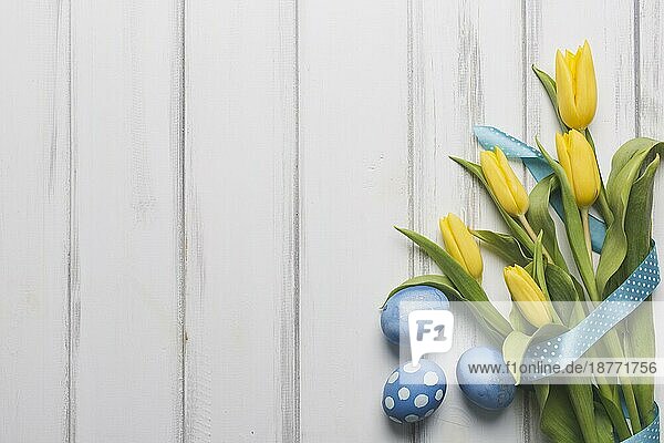 Blaue Eier bei Tulpen
