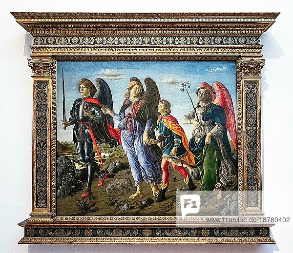 FLORENZ  TOSKANA/ITALIEN - 19. OKTOBER: Die drei Erzengel und das Tobias-Gemälde in der Uffizien-Galerie in Florenz am 19. Oktober 2019