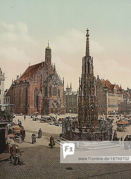Der schöne Brunnen und Frauenkirche in Nürnberg  Bayern  um 1890  Deutschland  Historisch  digital restaurierte Reproduktion von einer Vorlage aus dem 19. Jahrhundert  Europa