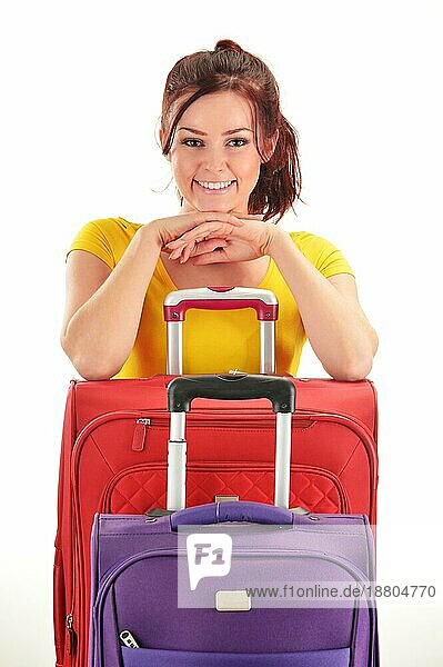 Junge Frau mit Reisekoffern. Tourist bereit für eine Reise
