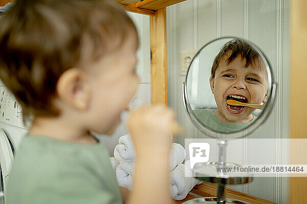 Boy brushing teeth looking in mirror at home