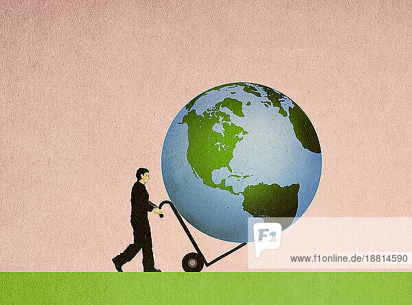 Illustration of person transporting planet Earth on push cart