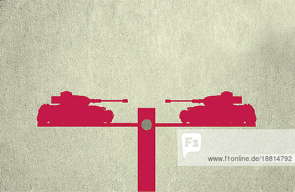 Illustration of two tanks facing each other on seesaw
