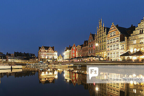 Belgium  East Flanders  Ghent  Historic houses along Graslei and Lys river at night