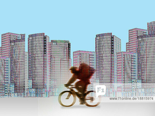 Illustration of cyclist riding past downtown skyscrapers
