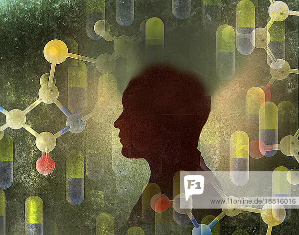 Pillen und Moleküle schweben um die Silhouette des Menschen herum