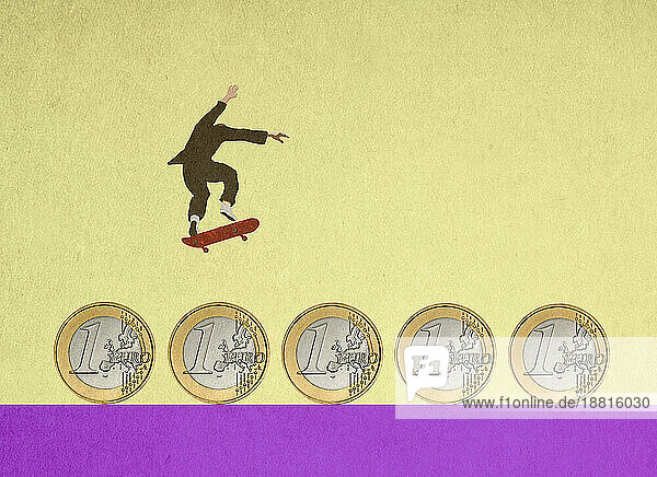 Illustration eines Geschäftsmannes  der über eine Reihe von Ein-Euro-Münzen Skateboard fährt
