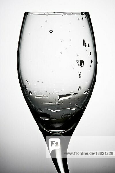geschwungenes Weinglas kontrastreich mit Tropfen vor weißem Hintergrund