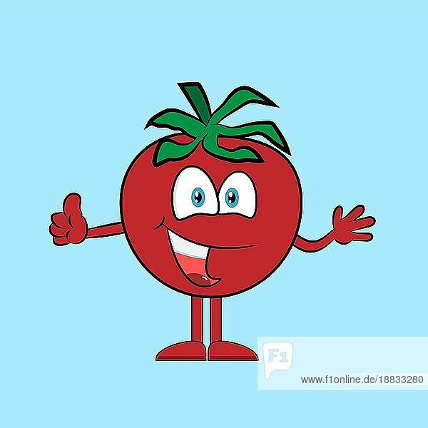 Cartoon Illustration einer glücklichen Tomate mit Daumen hoch  Vektor Illustration