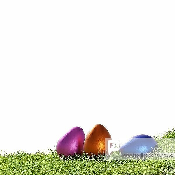Drei bunte Ostereier auf einem Grashintergrund mit als saisonale Kulisse  weißer Hintergrund  Ostern Konzept  3d Rendering