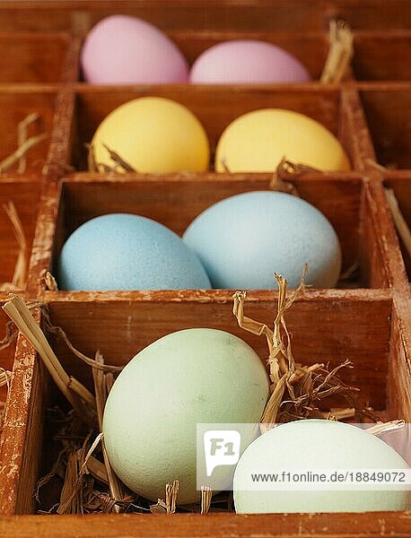Mit natürlichen Farbstoffen selbst gefärbte Bio Eier im Strohnest  Urlaubs oder Gesundkostkonzept