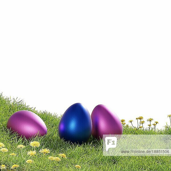Drei bunte Ostereier auf einem Grashintergrund mit als saisonale Kulisse  weißer Hintergrund  Ostern Konzept  3d Rendering
