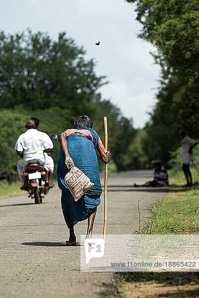 Ältere  bucklige indische Frau  die mit einem Stock auf der Straße geht  Tamil Nadu  Indien  Asien