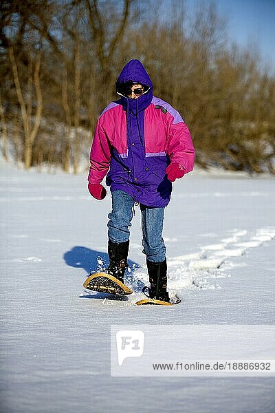 Wanderer mit Schneeschuhe  Boucherville Islands Park  Quebec  Schneeschuh  Schneeschuhe  Kanada  Nordamerika