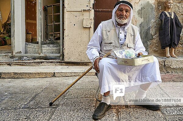 Jerusalem Israel. Porträt eines alten arabischen Bettlers in der Altstadt