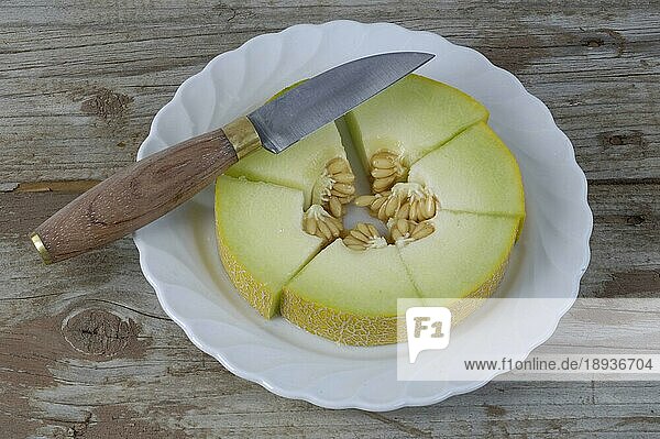 Knife and Galia Melon on plate (Cucumis melo)  Messer und Galiamelone auf Teller