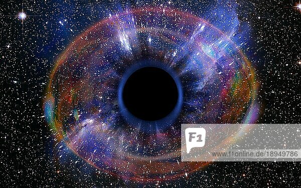 Sterne kollabieren in einem tiefen Schwarzen Loch  angezogen von dem riesigen Gravitationsfeld. Das Schwarze Loch sieht aus wie ein Auge oder eine Iris am Himmel. Elemente dieses Bildes wurden von der NASA zur Verfügung gestellt