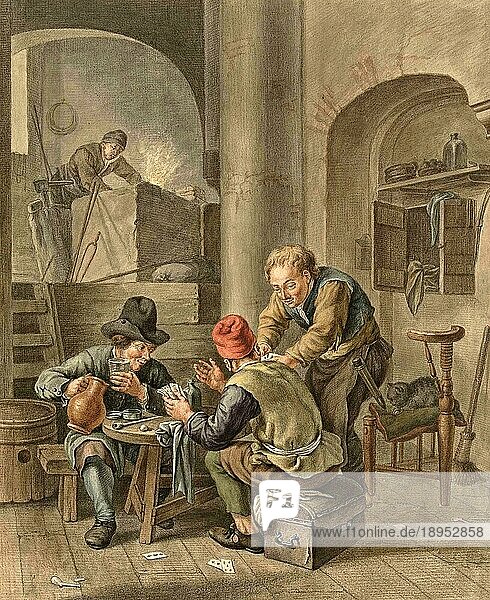Die Kartenspieler  drei Männer beim Kartenspiel und zechen an einem Tisch in einem Gasthaus  um 1800  Holland  Historisch  digital restaurierte Reproduktion von einer Vorlage aus dem 19. Jahrhundert