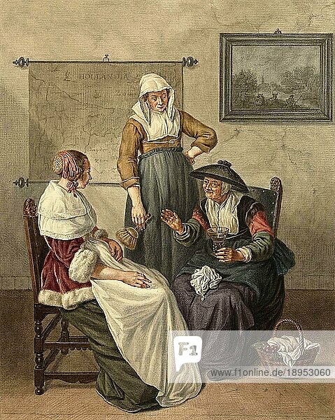 Vertrauliche Unterhaltung zwischen drei Frauen in ihrer Wohnung  1820  Holland  Historisch  digital restaurierte Reproduktion von einer Vorlage aus dem 19. Jahrhundert