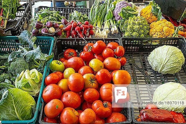 Tomaten und anderes Gemüse zum Verkauf auf einem Markt