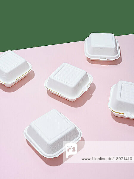 Take Out Boxes for burgers against a green and pink background